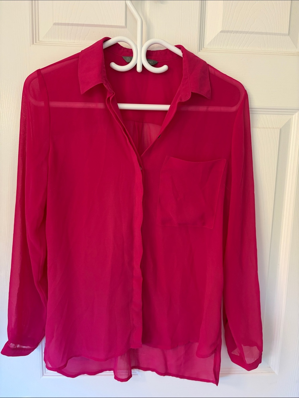 Smart Set Sheer Button-Front Blouse in Fuchsia